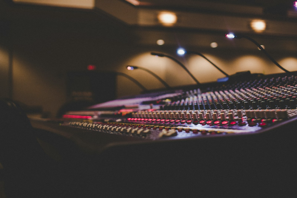 Illustrative stock photograph of a recording studio mixing console